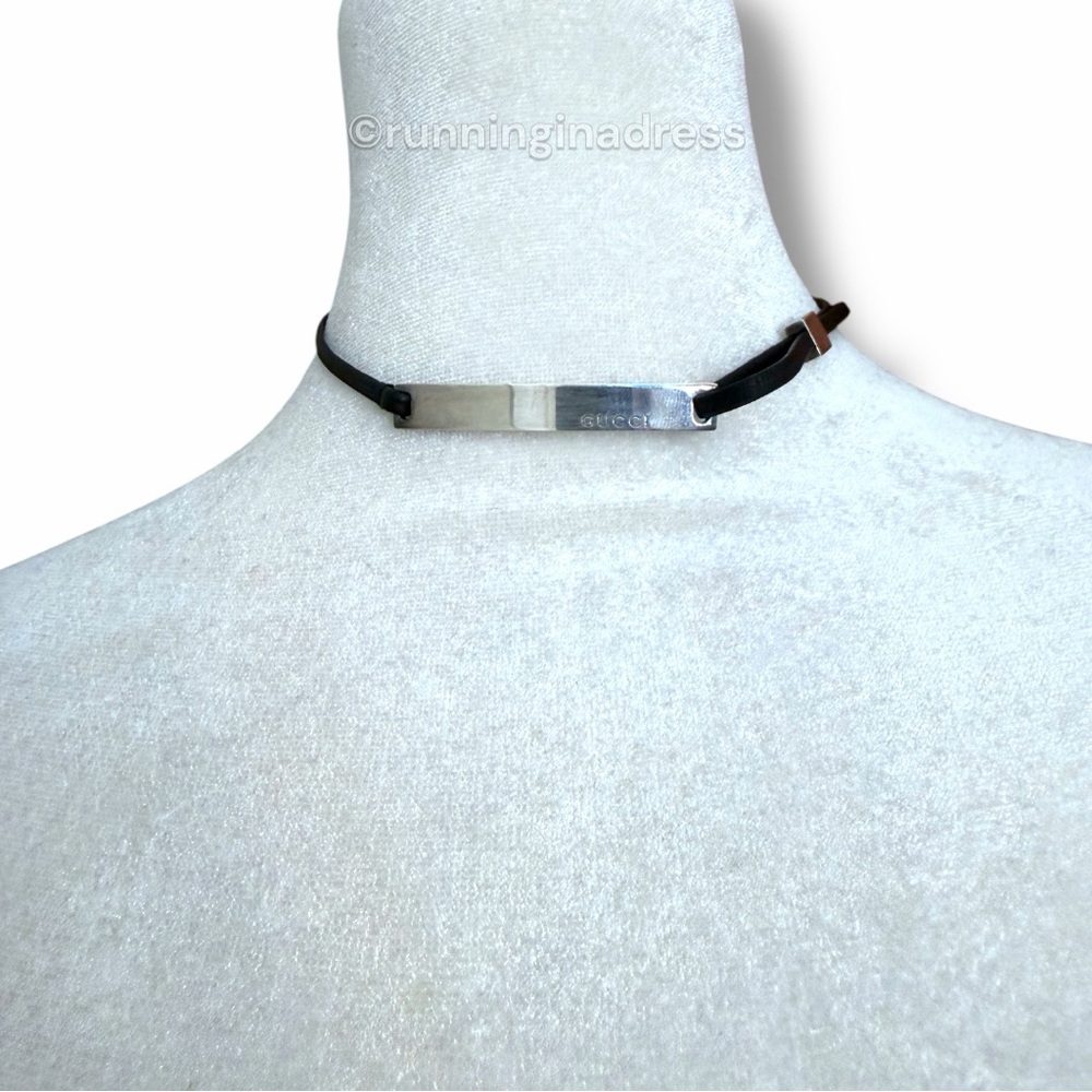Authentic Y2K Gucci Sterling & Leather Silver Logo Bar Choker Wrap Bracelet - Picture 11 of 12
